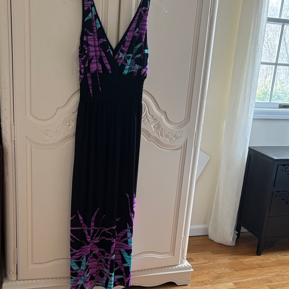 Black Maxi Dress with Purple & Teal Print